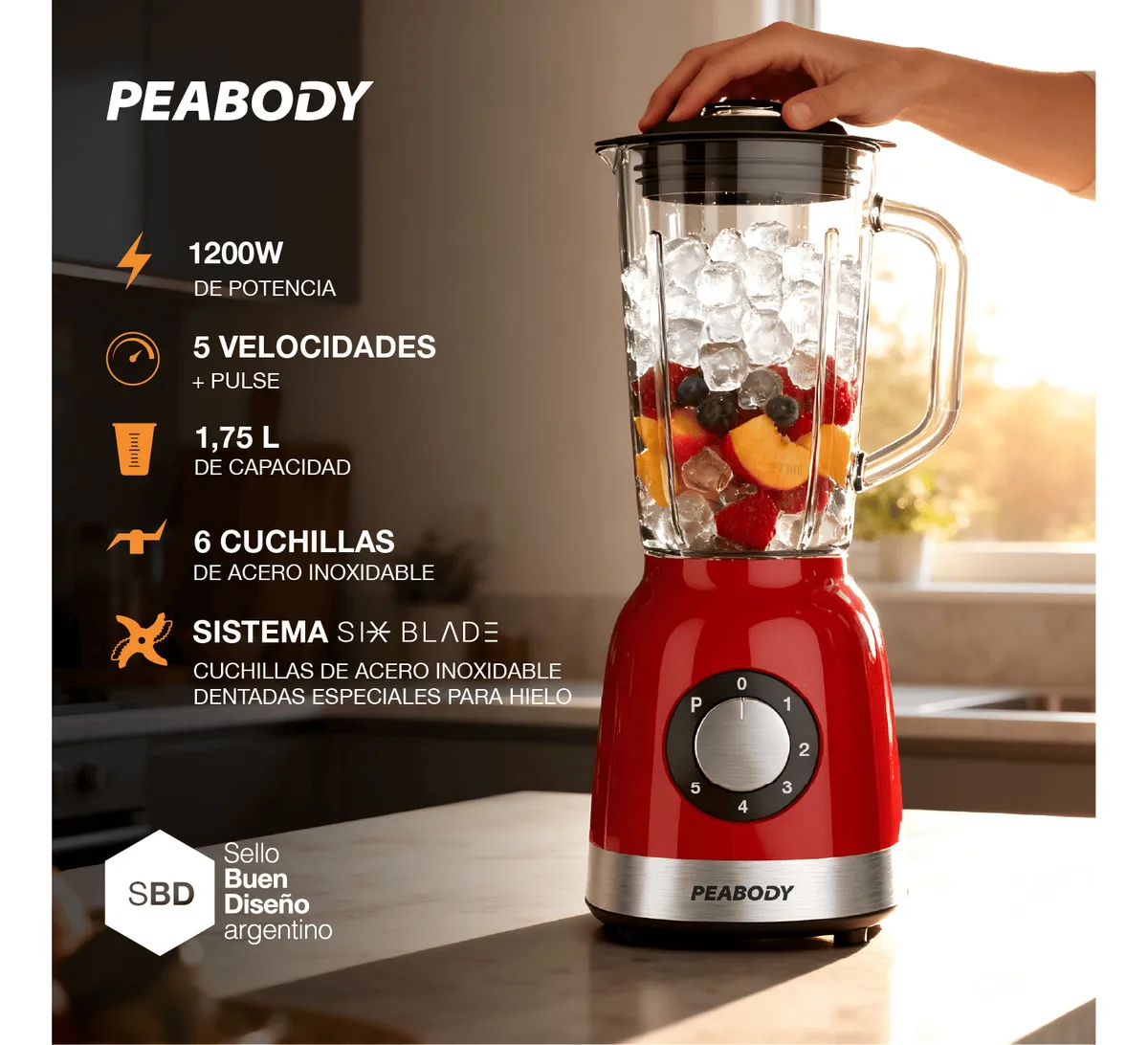Licuadora Peabody Jarra De Vidrio 1200Wts. - Imagen 2