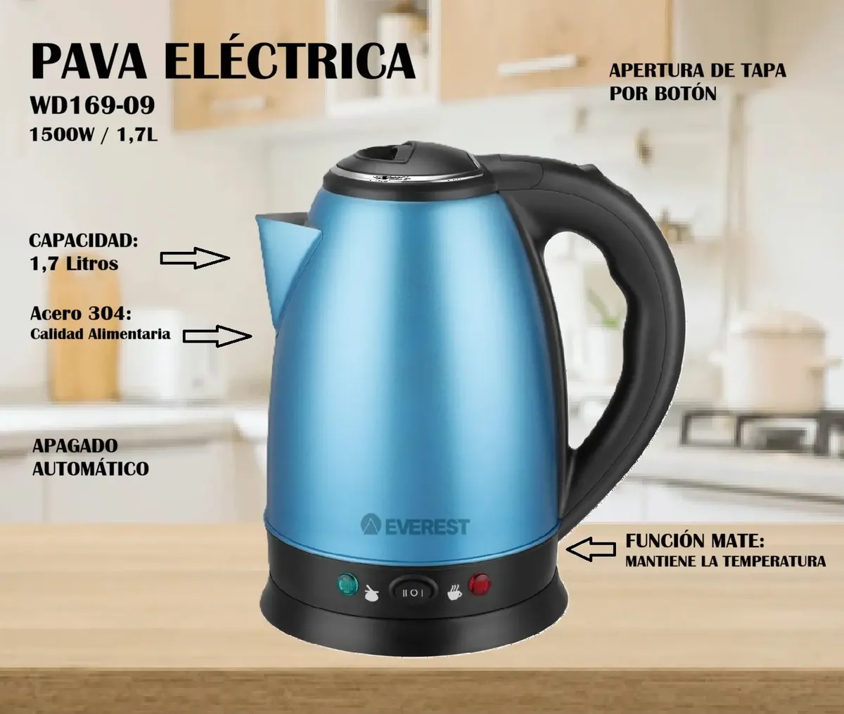 Pava Eléctrica Everest Acero Inoxidable - Imagen 2